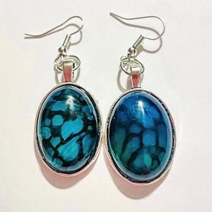 Blue & Black Oval Gemstone Dangle Earrings